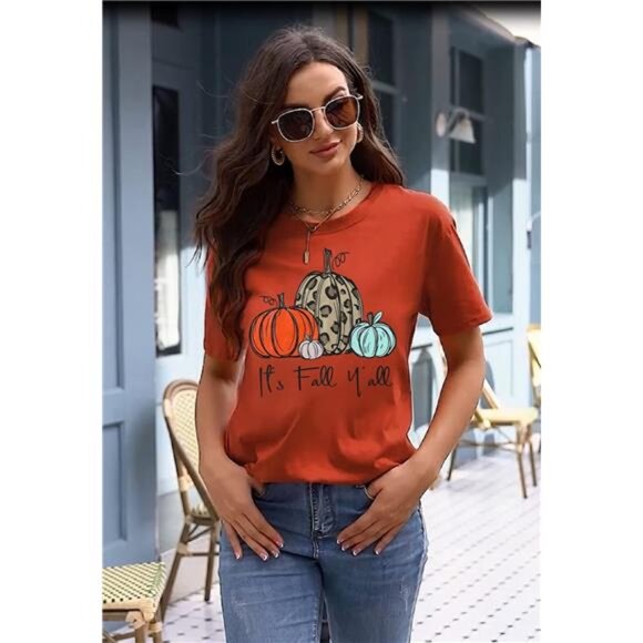 Graphic Shirt for Women - Thanksgiving Pumpkin Splicing Sleeve Fall Top - Picture 4 of 6